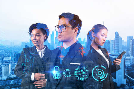 Group of business colleagues as a part of multinational corporate team working on project to protect clients information at cybersecurity compliance division. IT lock icons over Kuala Lumpurの写真素材