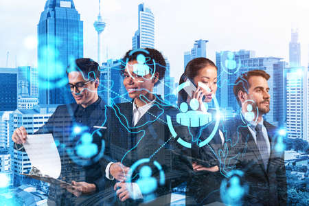 Group of SMM specialists working on social media marketing strategy to achieve business goals....