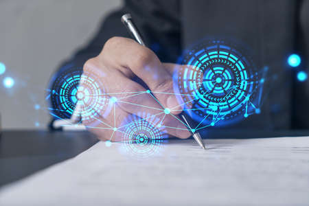 Double exposure of man sign contract on high tech project. Technology hologram. Concept of Partnership.の写真素材
