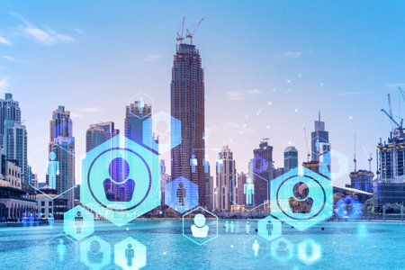 Skyscrapers of Dubai business downtown. International hub of trading and financial services. Social...
