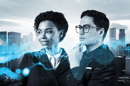 Two colleagues in multinational corporate team pondering about venture capital and hi-tech start up and try to forecast risks and estimate prospective earning growth. Hologram chart on Singapore.の写真素材