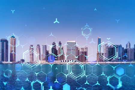 Skyscrapers of Dubai business downtown. International hub of trading and financial services....