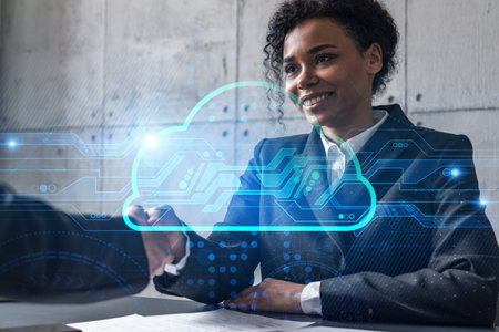Two woman handshake. Storage data concept cloud hologram. Multiexposure. International business.