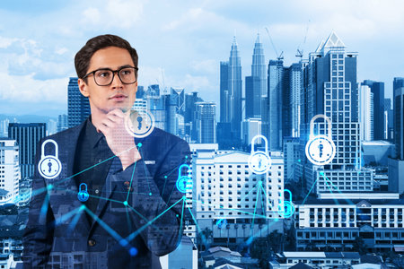 A young handsome eastern cybersecurity developer thinking about new concepts at security compliance...