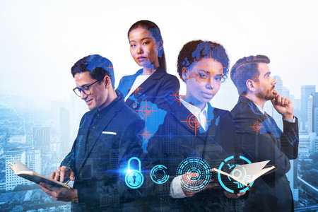 Group of business colleagues as a part of multinational corporate team working on project to protect...