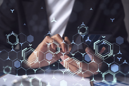 Businesswoman in formal wear checking the phone to sign the contract to create a software to present it at start up conference and gain investments for innovative service. Hologram tech graphs.の写真素材