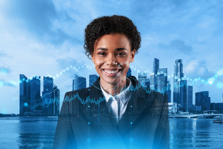 Successful smiling attractive black woman trader suggesting a new strategy of investment in stocks to grow client income. Woman in business concept. Forex chart. Singapore. Double exposure.の写真素材