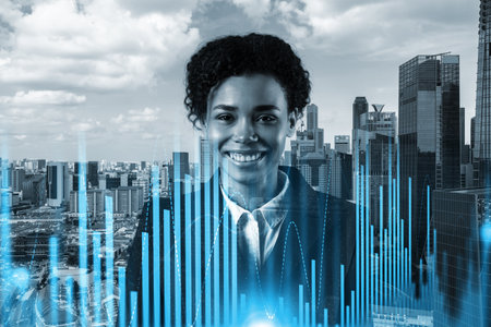 Successful smiling attractive black woman trader suggesting a new strategy of investment in stocks to grow client income. Woman in business concept. Forex chart. Singapore. Double exposure.の写真素材