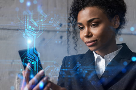 Businesswoman typing phone, work in modern office on new project. Technology hologram. Double exposure. Concept of success.の写真素材