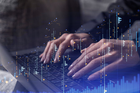Woman typing the keyboard to research stock market to proceed right investment solutions. Internet...
