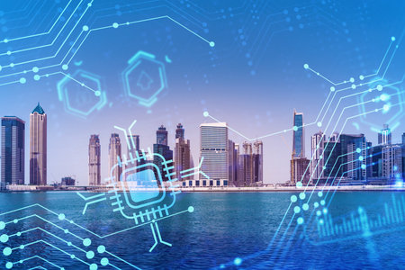 Skyscrapers of Dubai business downtown. International hub of trading and financial services....