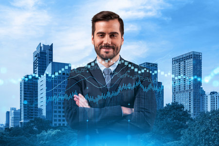 Prosperous Caucasian trader in suit in crossed arms pose dreaming about positive behavior of stock market. Trading at corporate finance fund. Forex chart. Bangkok. Double exposure.の写真素材