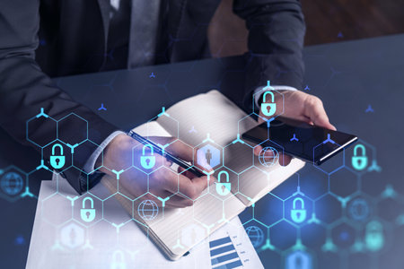 Programmer is taking notes of clients needs to protect cyber security from hacker attacks and save...