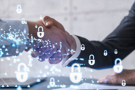 Handshake of two businessmen who enters into the contract to protect cyber security of international...