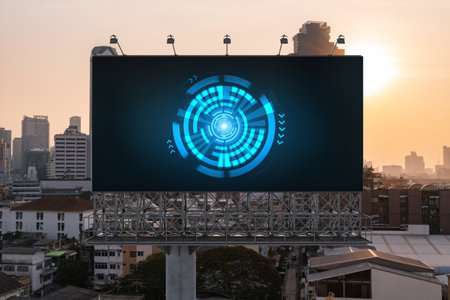 Glowing hologram of technological process on billboard, aerial panoramic cityscape of Bangkok at sunset. The largest innovative hub of tech services in Southeast Asia.の写真素材