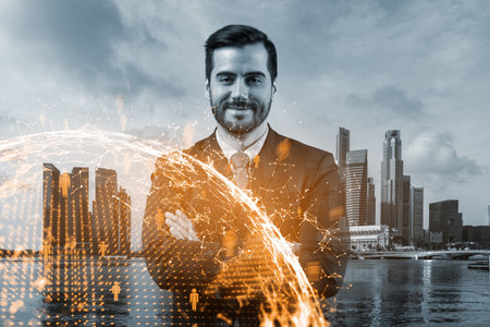 A young Caucasian HR director in cross hand pose is thinking about efficient strategy to recruit highly qualified specialists. Social media hologram icons over Singapore background.の写真素材