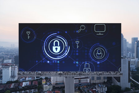 Padlock icon hologram on road billboard over panorama city view of Kuala Lumpur at sunset to protect...