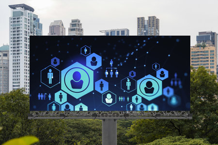 Glowing Social media icons on road billboard over panoramic city view of Bangkok, Southeast Asia. The concept of networking and establishing new connections between people and businesses.の写真素材