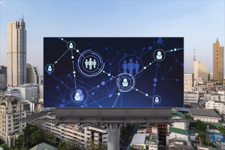 Glowing Social media icons on road billboard over panoramic city view of Bangkok, Southeast Asia. The concept of networking and establishing new connections between people and businesses.の写真素材