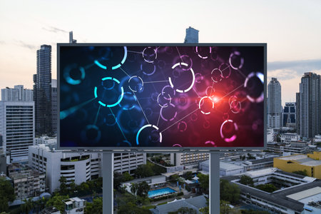 Glowing hologram of technological process on billboard, aerial panoramic cityscape of Bangkok at...