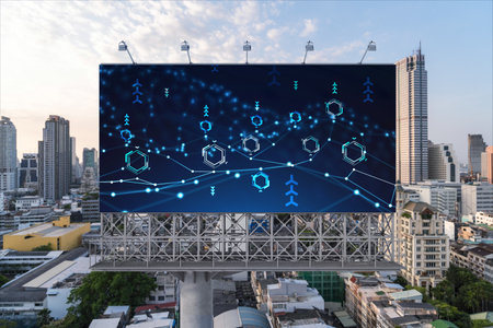 Glowing hologram of technological process on billboard, aerial panoramic cityscape of Bangkok at...