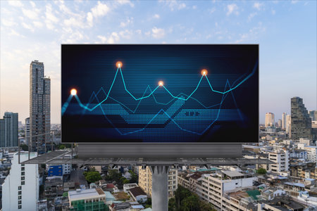 Glowing FOREX graph hologram on billboard, aerial panoramic cityscape of Bangkok at sunset. Stock...