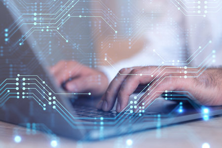 Hands typing the keyboard to create innovative software to change the world and provide a completely...