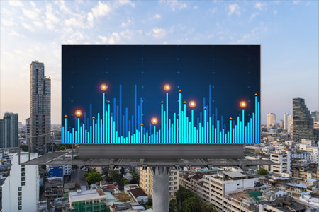 Glowing FOREX graph hologram on billboard, aerial panoramic cityscape of Bangkok at sunset. Stock...