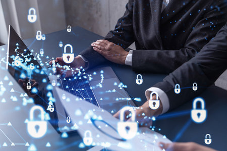 Two business people working on the project to protect cyber security of international company using...