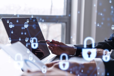 Two business people working on the project to protect cyber security of international company using...