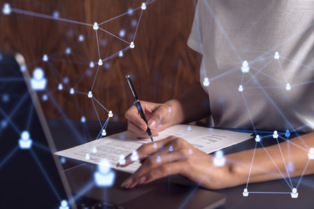 A potential employee signing the contract to boost her career and gain new opportunities in personal growth. Hiring a new talented crew. Social media hologram icons. Women in business concept.の写真素材