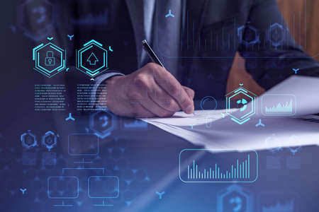 A client in dark blue suit is signing a contract to create a new software to present it in start up...