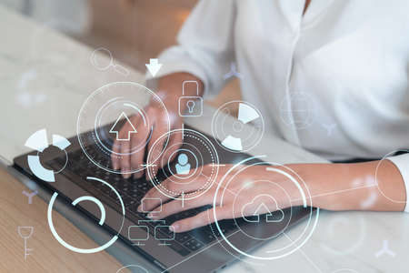 Woman typing the keyboard to create innovative software to change the world and provide a completely...