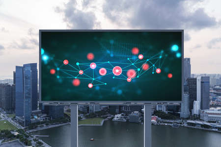 Glowing hologram of technological process on billboard, aerial panoramic cityscape of Singapore at...