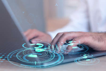 Hands typing the keyboard to create innovative software to change the world and provide a completely...