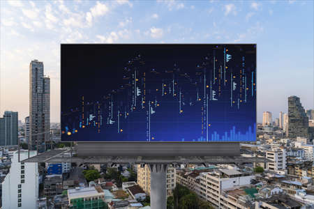 Glowing FOREX graph hologram on billboard, aerial panoramic cityscape of Bangkok at sunset. Stock...