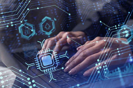 Woman typing the keyboard to create innovative software to change the world and provide a completely...