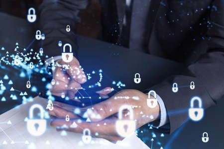A programmer is browsing the Internet in smart phone to protect a cyber security from hacker attacks...