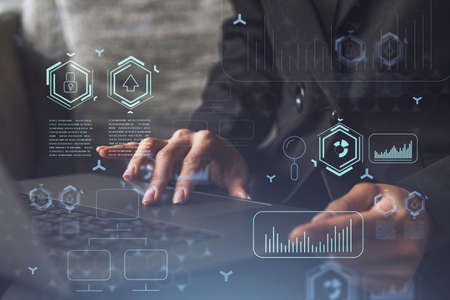 Woman typing the keyboard to create innovative software to change the world and provide a completely...