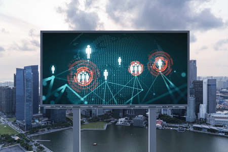 World planet Earth map hologram of social media icons over sunset panoramic cityscape of Singapore,...