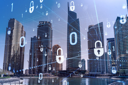 Skyscrapers of Dubai business downtown. International hub of trading and financial services. Lock...