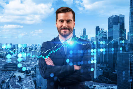 Prosperous Caucasian trader in suit in crossed arms pose dreaming about positive behavior of stock market. Trading at corporate finance fund. Forex chart. Singapore. Double exposure.の写真素材