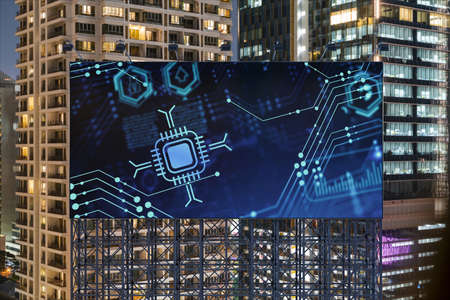 Information flow hologram on road billboard, night panorama city view of Bangkok. The largest...