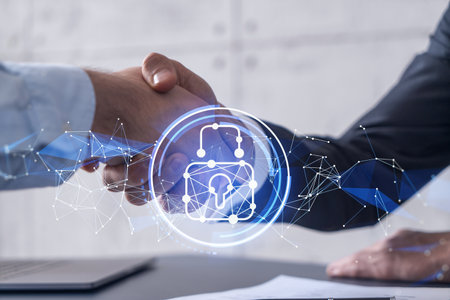 Handshake of two businessmen who enters into the contract to protect cyber security of international...