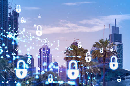 Panoramic view skyscrapers. Modern cityscape of the capital of the Emirate of Dubai. Financial...