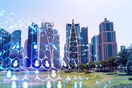 Panoramic view skyscrapers. Modern cityscape of the capital of the Emirate of Dubai. Recruitment and...