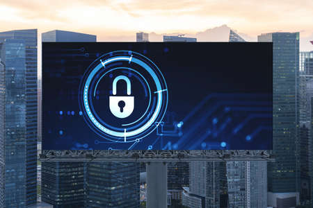 Padlock icon hologram on road billboard over panorama city view of Singapore at sunset to protect...