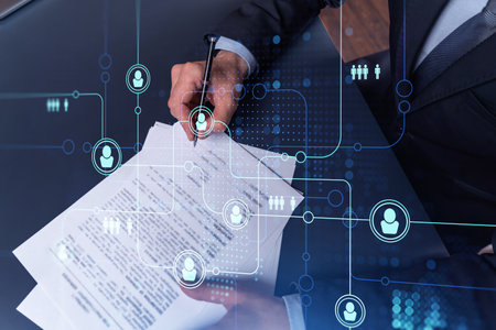 A potential employee in formal suit signing the contract to boost his career and gain new...