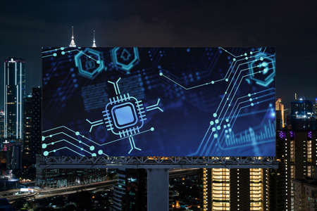 Information flow hologram on road billboard, night panorama city view of Kuala Lumpur. KL is the...