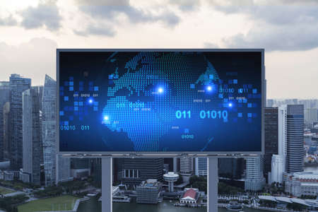 Hologram of Earth planet map on billboard over sunset panoramic cityscape of Singapore. The concept of international companies in Southeast Asia.の写真素材